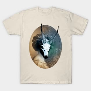 Lady Wendigo Blue Horned Goddess Ammonite Background T-Shirt